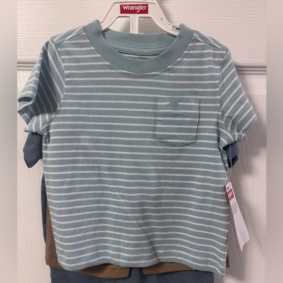 Wrangler Blue T-Shirt w/Car Design, Blue & White Striped T-Shirt, & Brown Shorts - Picture 3 of 3